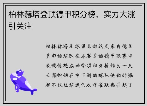 柏林赫塔登顶德甲积分榜，实力大涨引关注