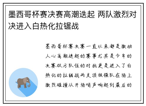 墨西哥杯赛决赛高潮迭起 两队激烈对决进入白热化拉锯战