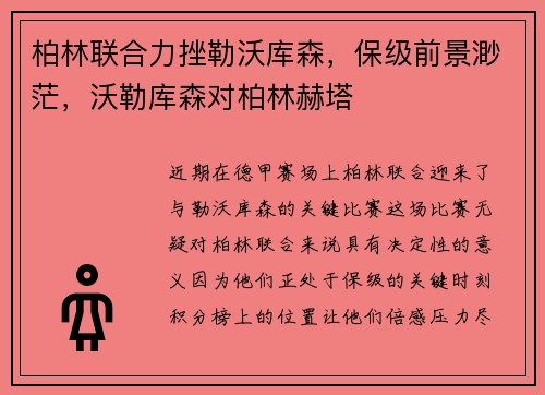 柏林联合力挫勒沃库森，保级前景渺茫，沃勒库森对柏林赫塔
