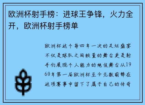 欧洲杯射手榜：进球王争锋，火力全开，欧洲杯射手榜单