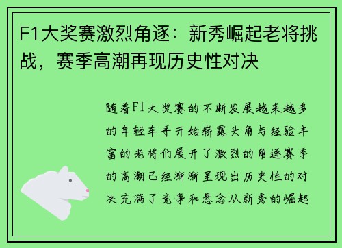 F1大奖赛激烈角逐：新秀崛起老将挑战，赛季高潮再现历史性对决
