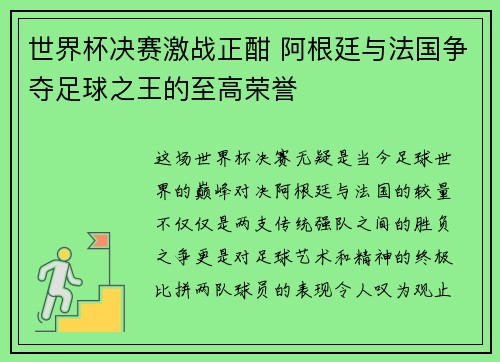 世界杯决赛激战正酣 阿根廷与法国争夺足球之王的至高荣誉