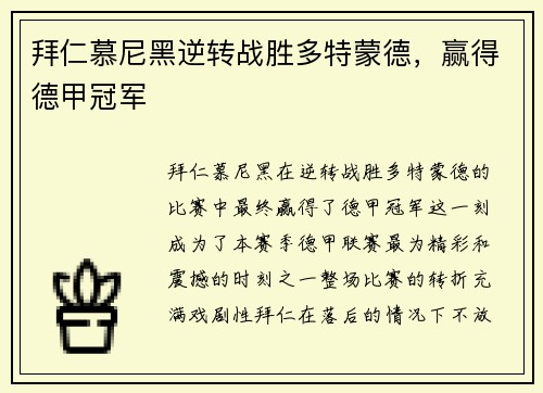 拜仁慕尼黑逆转战胜多特蒙德，赢得德甲冠军